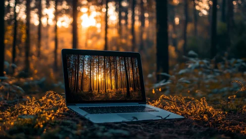 Laptop on forest floor displays matching sunset tree scene