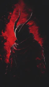 Horned shadow warrior emerges through crimson inferno.