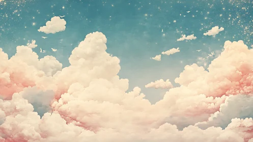 Layered pastel clouds under starry blue sky plane.