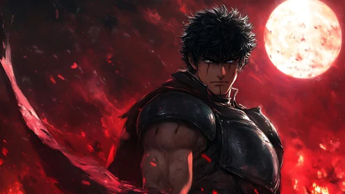 Brooding swordsman stands fierce beneath a blazing red moon.