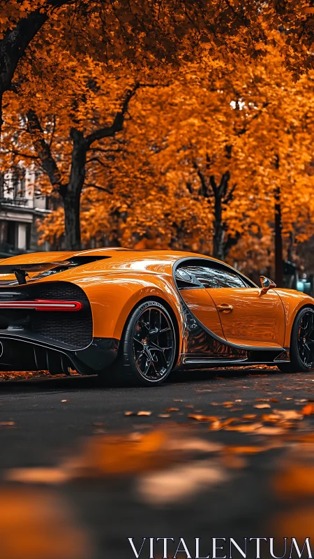 Orange hypercar parked under dense autumn foliage