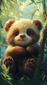 Baby panda sits in lush bamboo forest under warm light