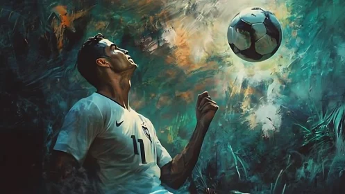 Male footballer observing suspended ball in abstract space.