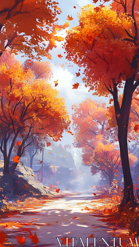 Autumn Forest Path: Golden Canopy with Cascading Leaves.