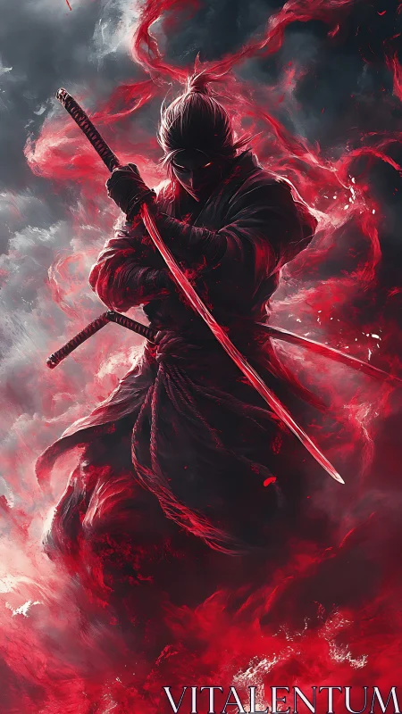 Dark ninja warrior with twin katanas in red smoke storm.