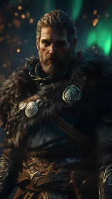 Aurora-lit Viking warlord wrapped in storm-black furs.
