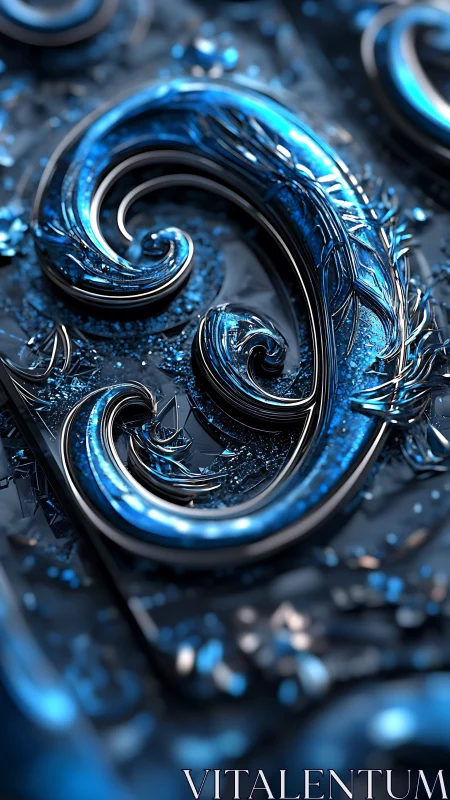 Chromed blue filigree swirl forms luminous abstract crest