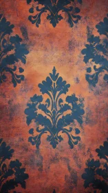 Ornate navy damask motif on distressed terracotta ground