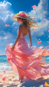 Figure in pink dress stands on shoreline under clouded sky