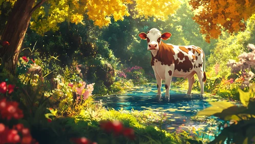 Daydreaming forest cow wades through a sunlit lily pond.