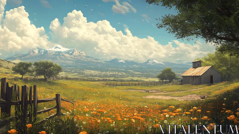 Sunny wildflower farm beneath gentle snow capped mountains.