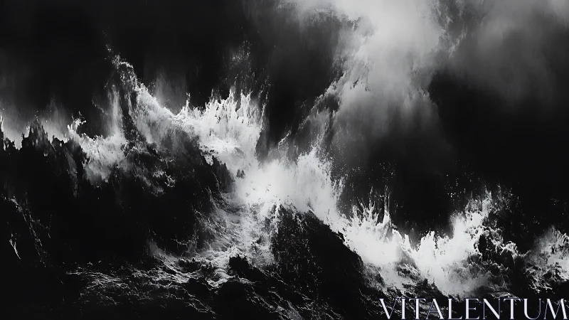 Monochrome storm surge seascape in high-contrast study.