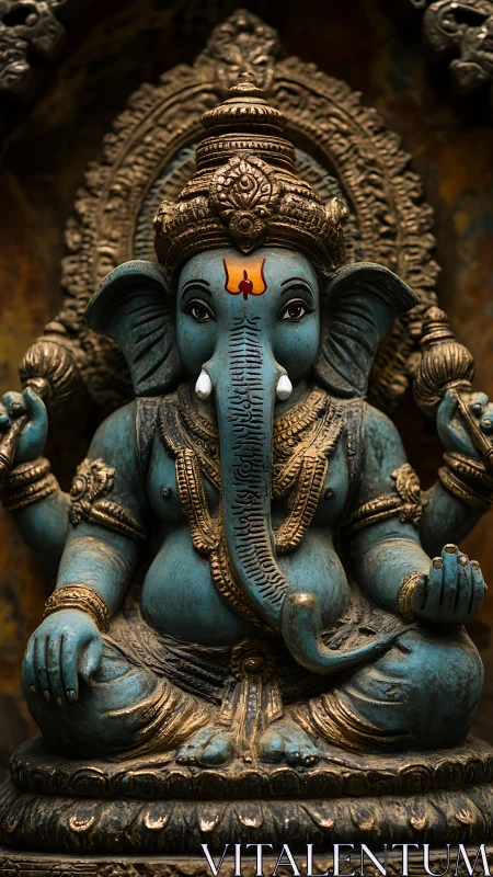 Polychrome Ganesha sculpture with ornate relief halo detailing.