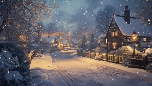 Snowlit village lane humming with lanterns and quiet wonder.