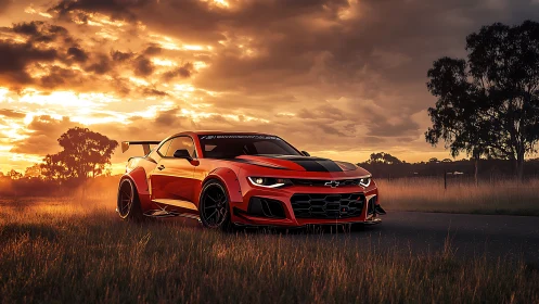 Red Chevrolet Camaro on country road at vivid sunset sky.