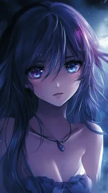 Nocturnal anime portrait with luminous sapphire highlights.