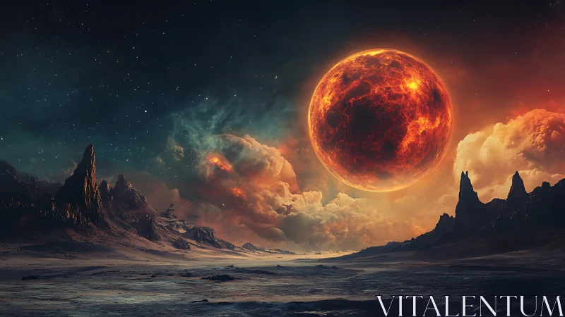 Fiery alien planet looms above rugged frozen wasteland.