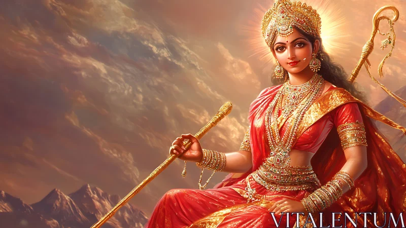 Hindu goddess figure in red sari with trident on mountains.