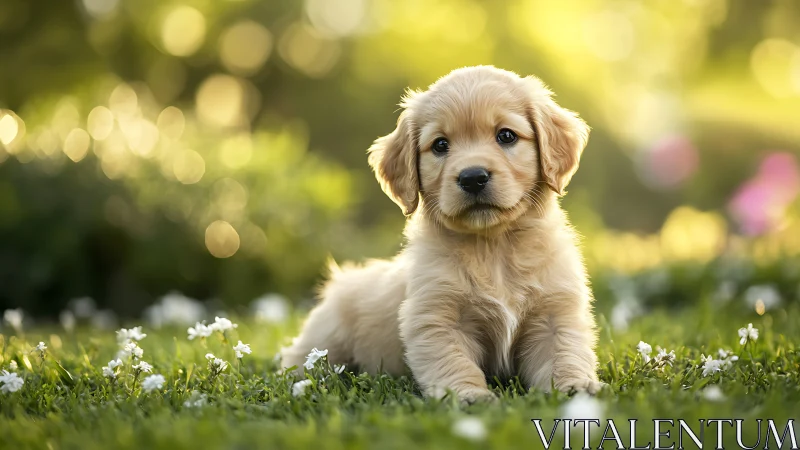 Golden retriever puppy on lawn under warm sunset bokeh.