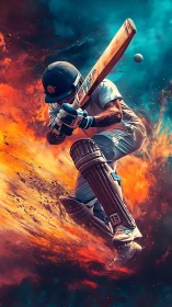 Dynamic cricket batsman in explosive action burst.