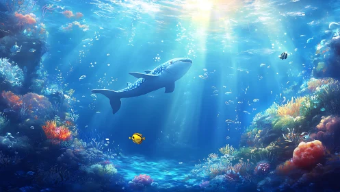 Gentle whale shark glides through sunlit coral kingdom below