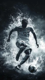 Silhouetted soccer player charges forward through water splash