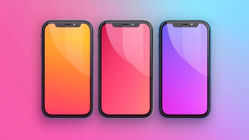 Three Smartphones Display Vibrant Gradient Screens.