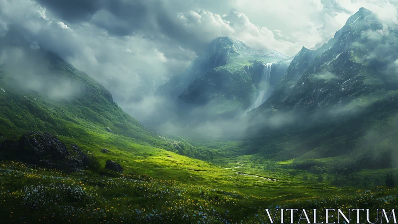Lush green valley with misty mountains and tall waterfall.