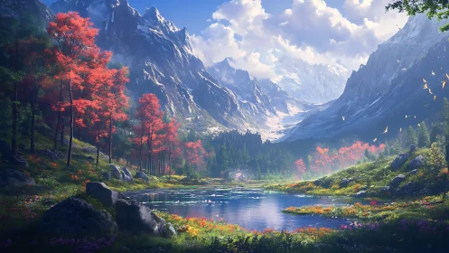 Crimson forest cradles a crystal lake beneath titanic peaks.