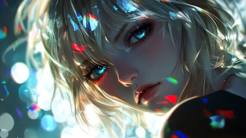 Anime portrait with prismatic bokeh and luminous rim lighting.