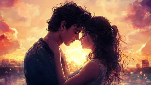 Two figures share intimate moment silhouetted against luminous sunset cityscape.