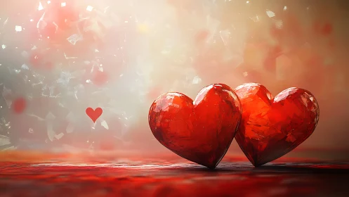 Two Red Glass Hearts on Textured Surface.