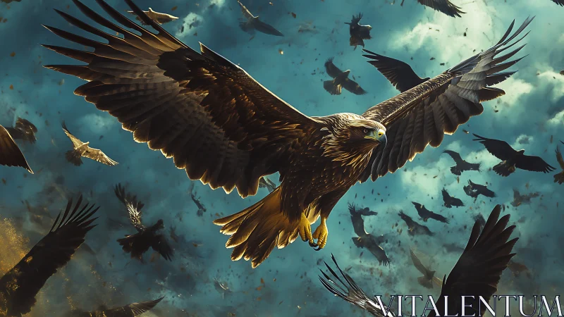 Majestic eagle soaring among crows in dramatic digital painting.