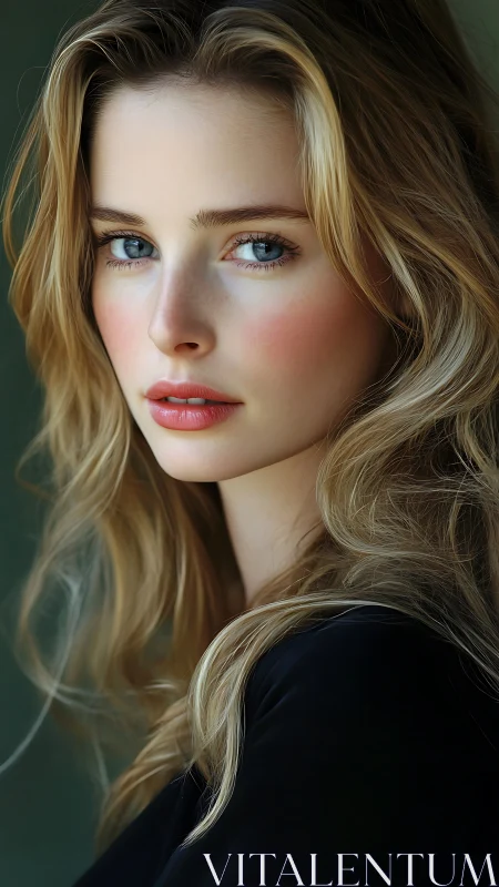 Soft daylight portrait of blonde woman with blue eyes.
