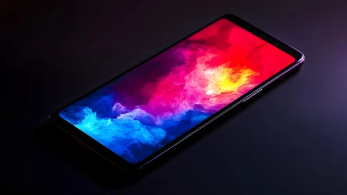 Modern smartphone with vibrant abstract screen in dark setting.