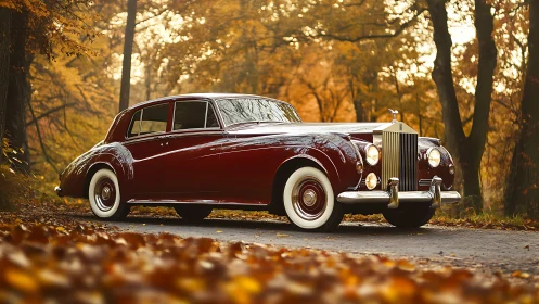 Classic maroon luxury car gliding through autumn woods.