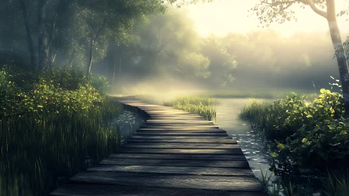 Curved wooden boardwalk crosses misty wetland forest