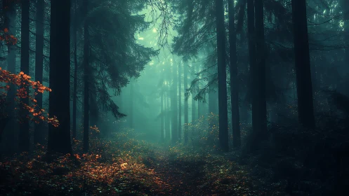 Misty forest path with tall evergreens and golden autumn foliage