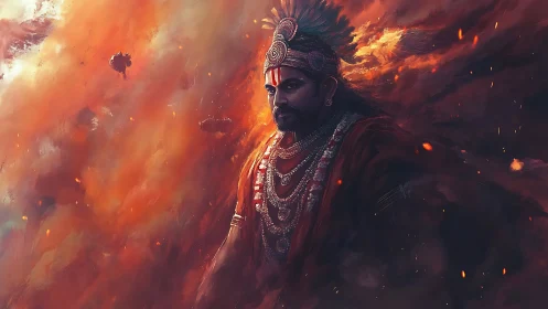 Warrior king in blazing embers and storming smoke sky.