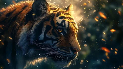 Tiger profile glows in dusk light with drifting embers