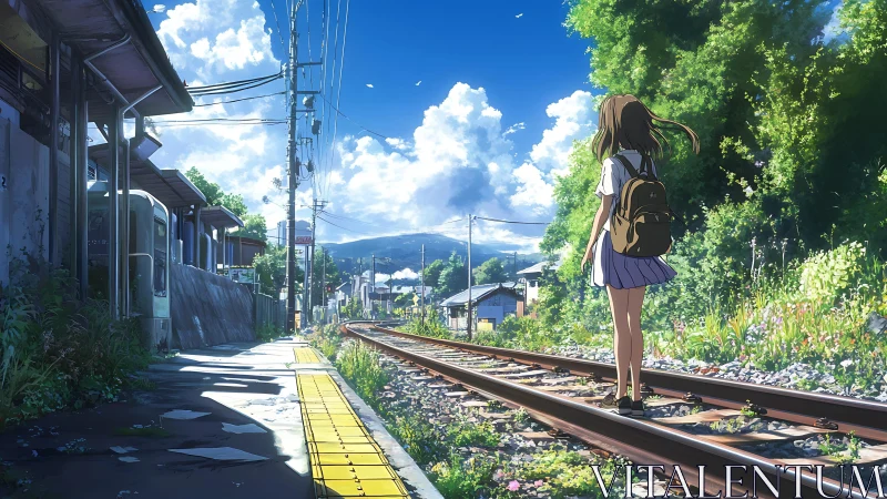 Summer railway platform scene renders contemplative anime journey