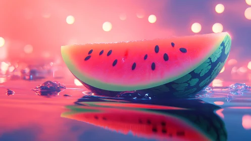 Luminous watermelon slice on reflective neon surface.