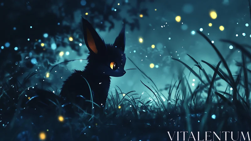 Black fox-like creature in glowing blue night forest scene.