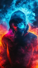 Hooded figure in gas mask within blue and red smoke field.