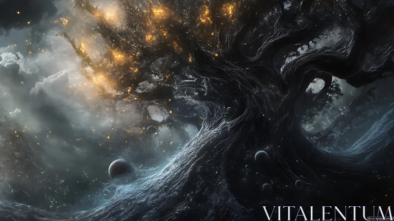 Cosmic world-tree unfurls starlit roots across the void.