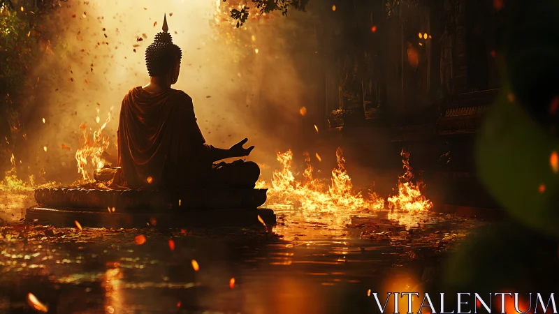 Meditating Buddha silhouette above burning reflective water.