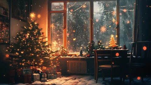 Cozy winter room glowing with Christmas tree magic inside.