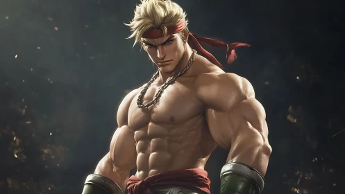 Determined warrior stands strong in warm cinematic light.