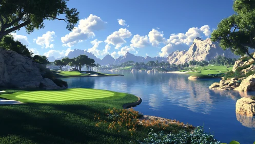 Lakeside mountain golf course under clear blue sky.