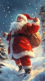 Santa in snowfall advances through luminous winter forest